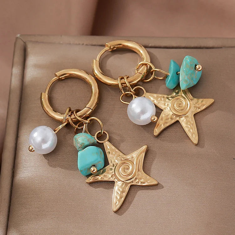 Brincos vintage de estrela do mar em aço inoxidável e ouro 18k
