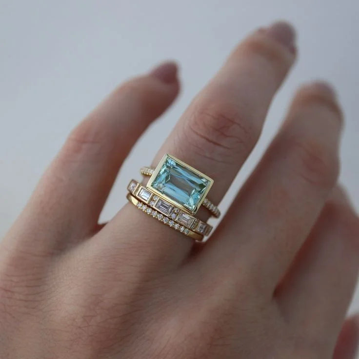 Conjunto de 3 anéis de noivado estilo baguete para casamento