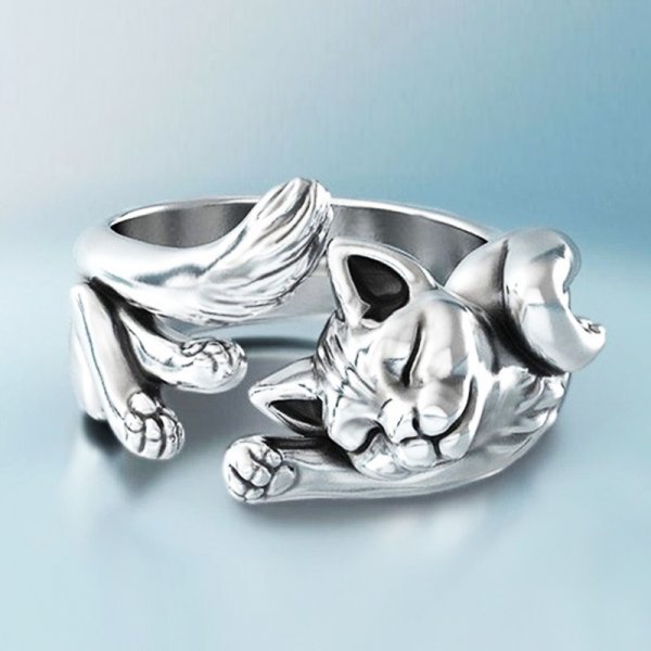 Anel Vintage Prateado com Design de Gato