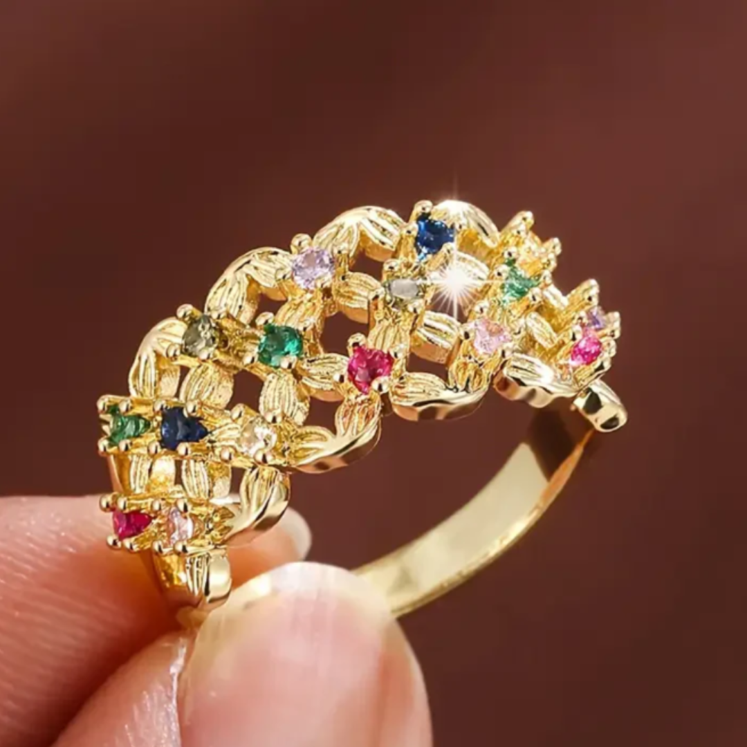Anel Dourado Oco com Zircônias Coloridas