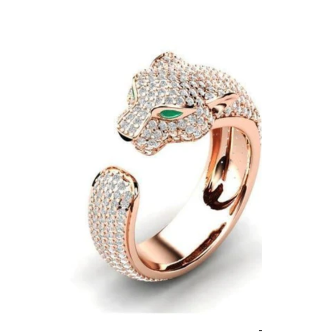 Anel Ajustável Jaguar em Prata e Ouro Rosa com Zircônias Verdes nos Olhos