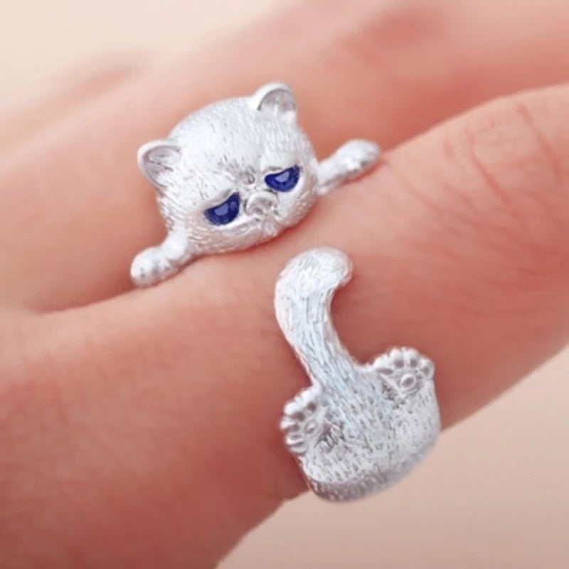 Anel Ajustável de Prata 925 com Design de Gato