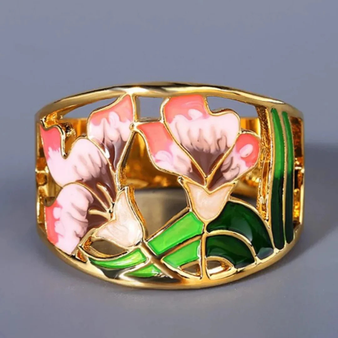Anel Vintage Dourado com Esmalte Floral