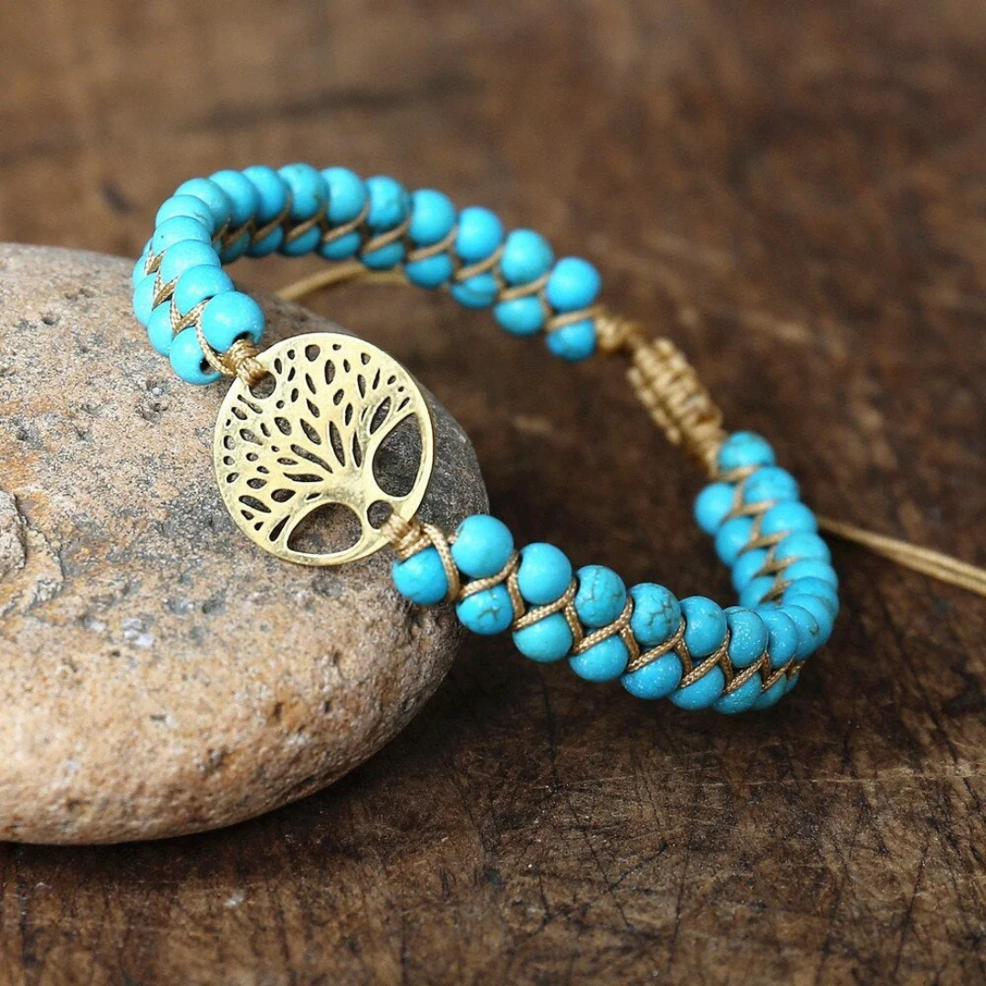 Pulseira Árvore da Vida com Pedra Turquesa Artesanal