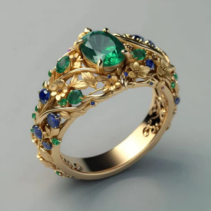 Anel com Cristais Verde e Azul