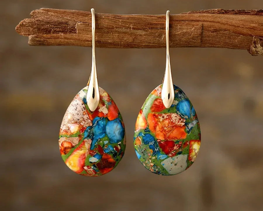 Brincos de Gota em Jaspe Marinho Multicolorido