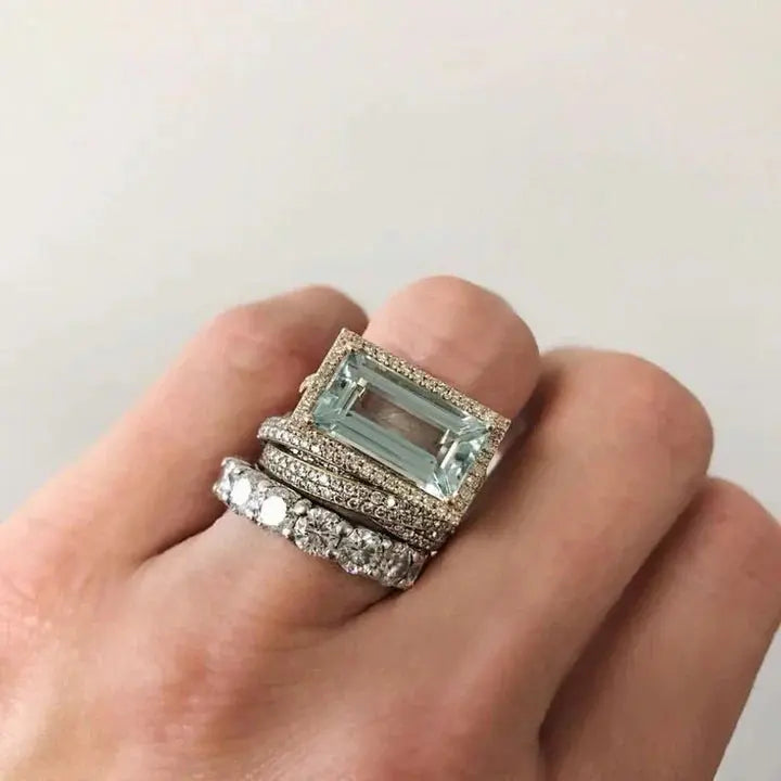 Conjunto Vintage de Anéis de Prata com Vidro Turquesa