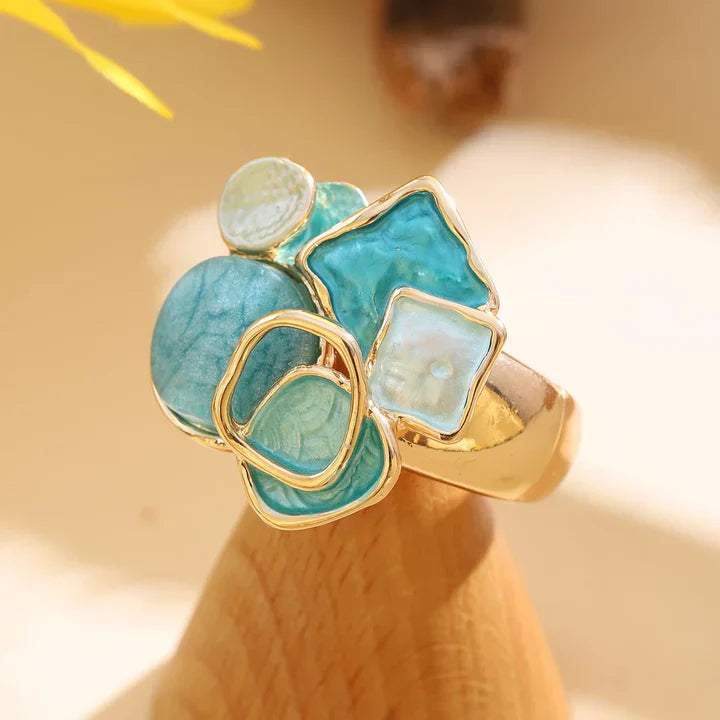 Anel Sofisticado em Esmalte Azul e Branco