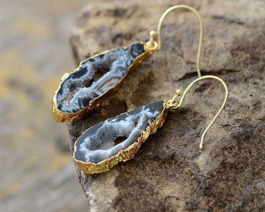 Brincos de Jaspe Natural com Pedra Druzy