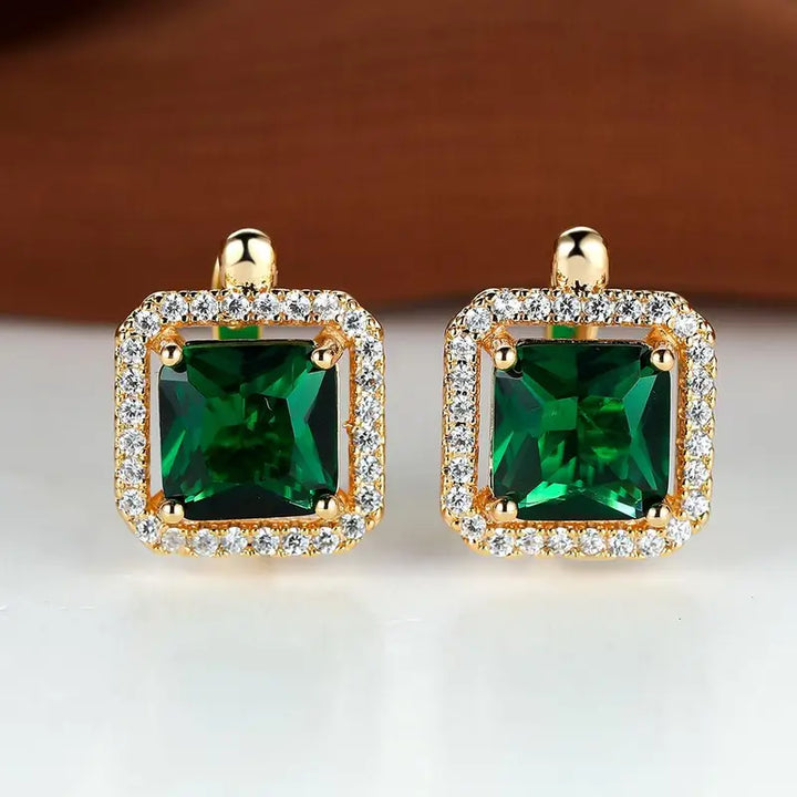 Brincos de Zircônia Quadrada Verde Dourada