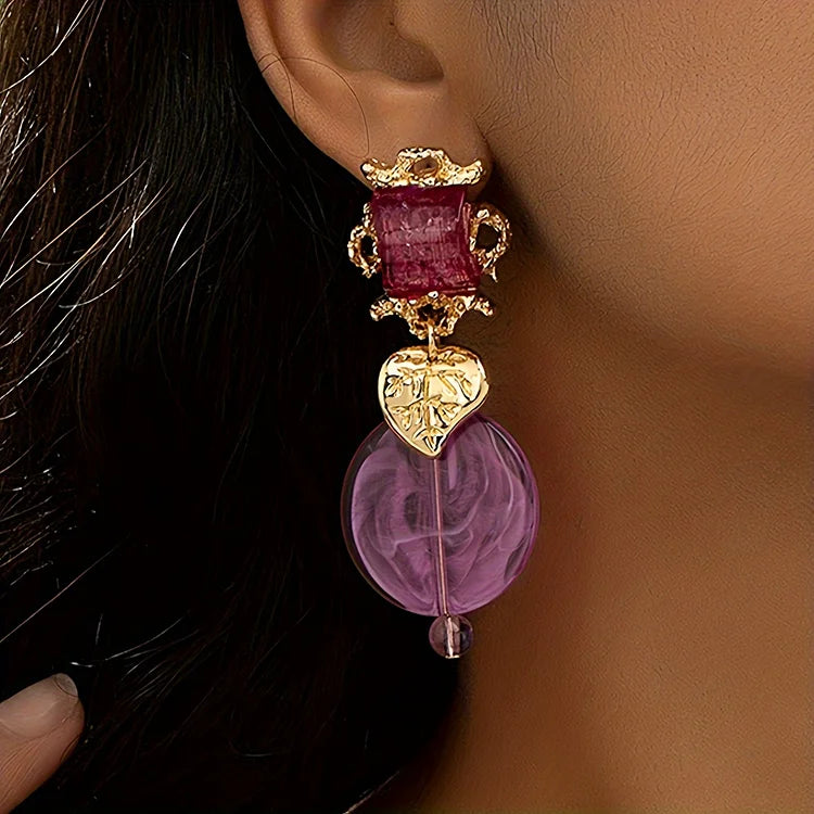 Golden Leaf With Geometric Resin Inlaid Dangle Earrings