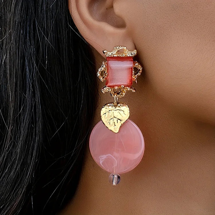 Golden Leaf With Geometric Resin Inlaid Dangle Earrings