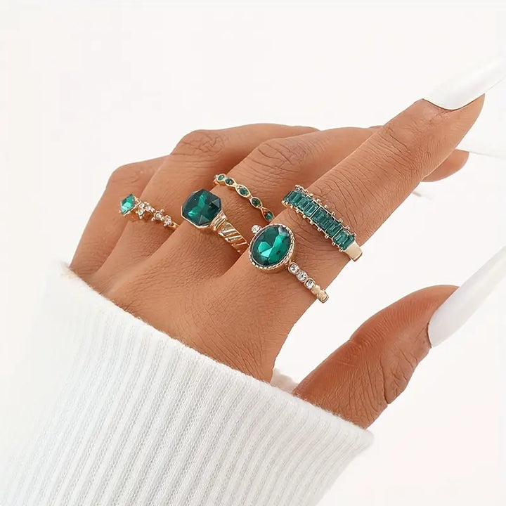 Conjunto de Anéis Exquisitos de Esmeralda Zarina