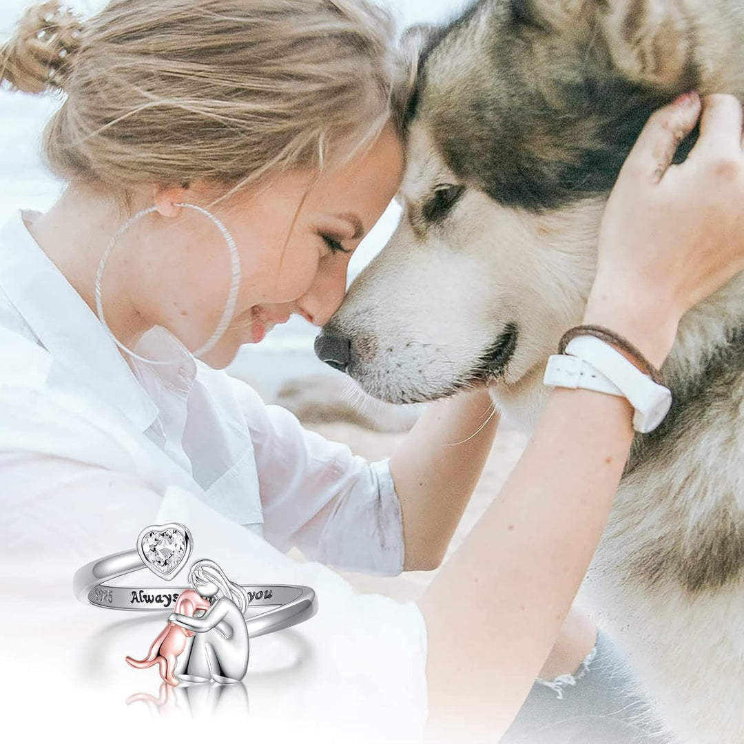 Anel Ajustável em Prata Esterlina 925 para Cães – 'Sempre em Meu Coração' com Zircônia