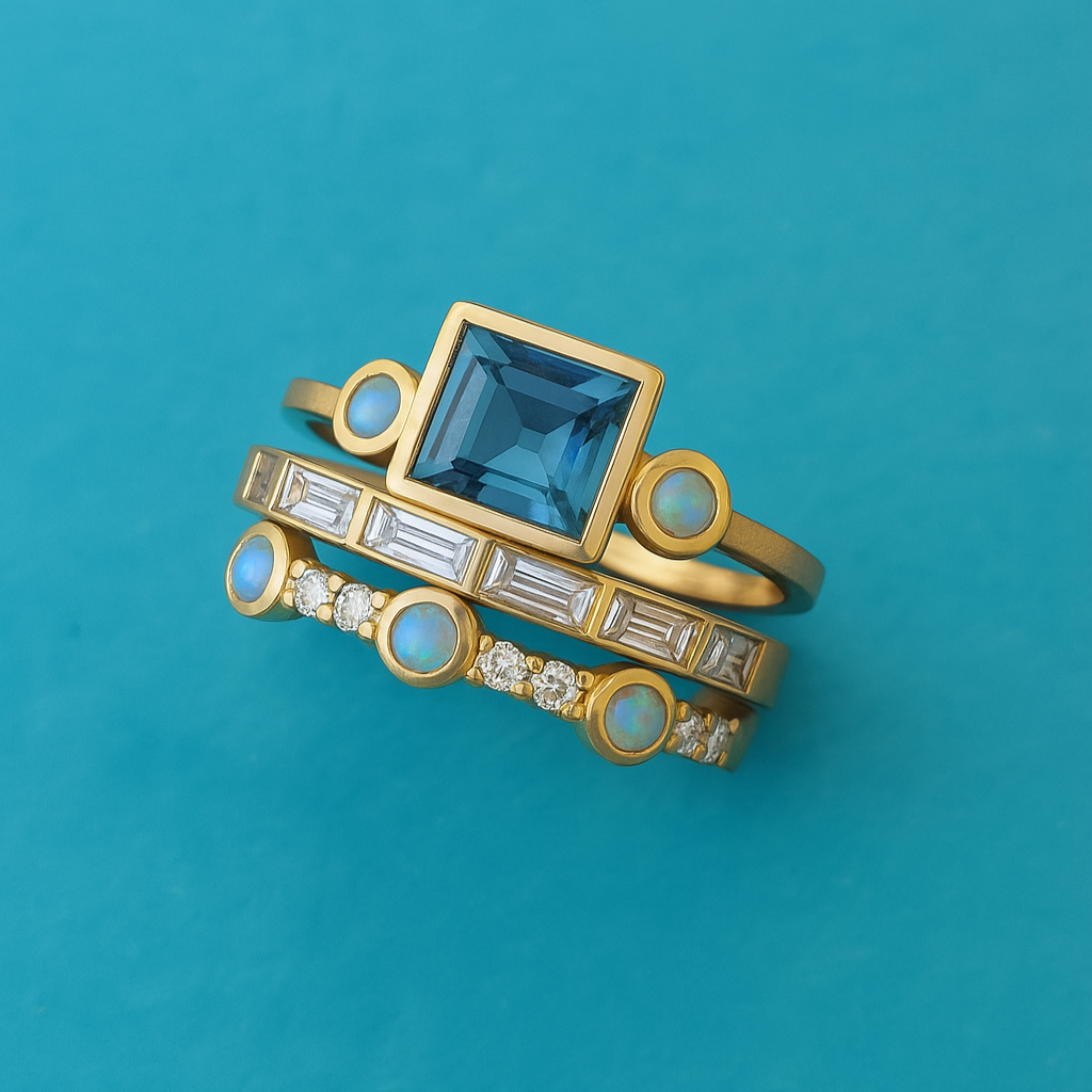 Conjunto de Anéis de Cristal Azul Vintage