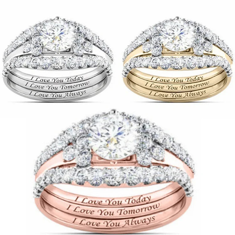 Conjunto de três anéis luxuosos com micro incrustações de luz