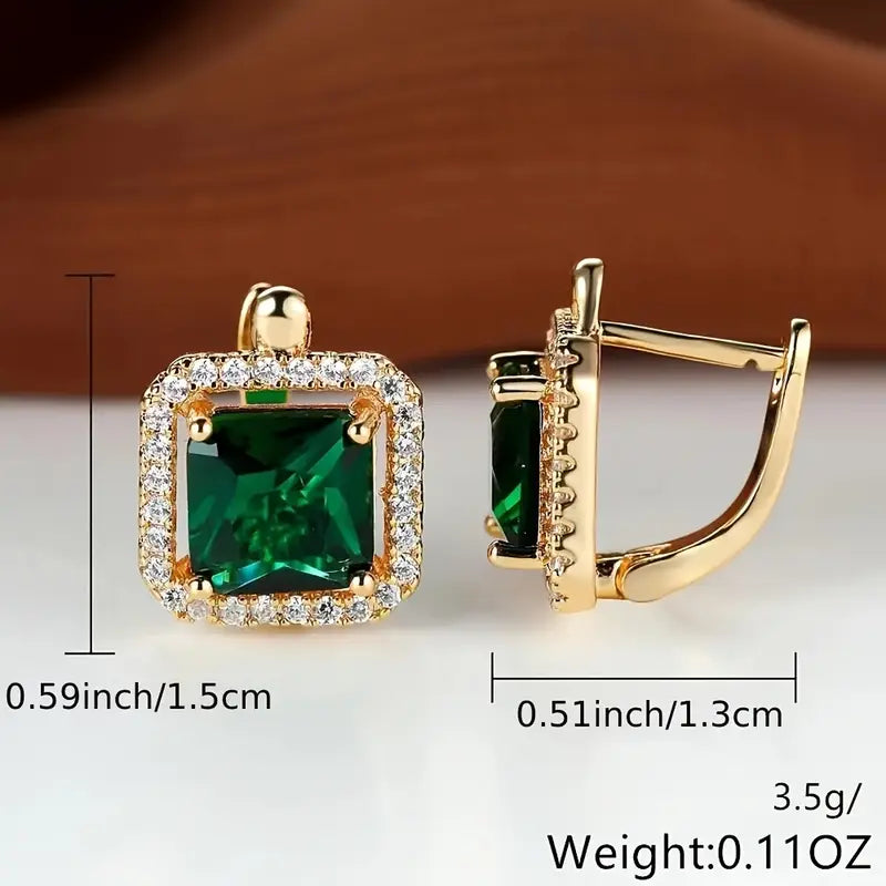 Brincos de Zircônia Quadrada Verde Dourada