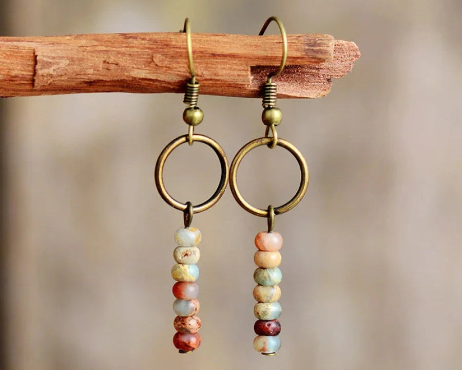 Brincos Étnicos de Jasper Natural com Estilo Vintage