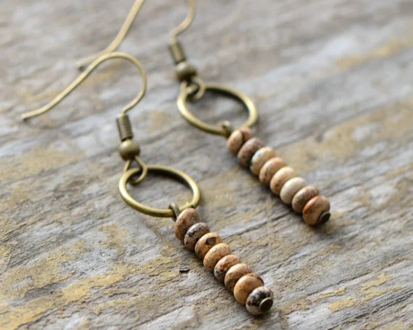 Brincos Étnicos de Jasper Natural com Estilo Vintage