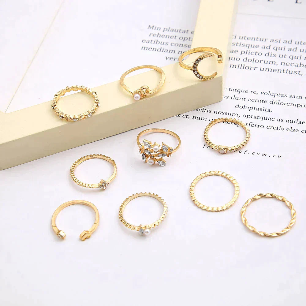 Boho™ | Conjunto de 10 Pares de Anéis em Prata e Ouro