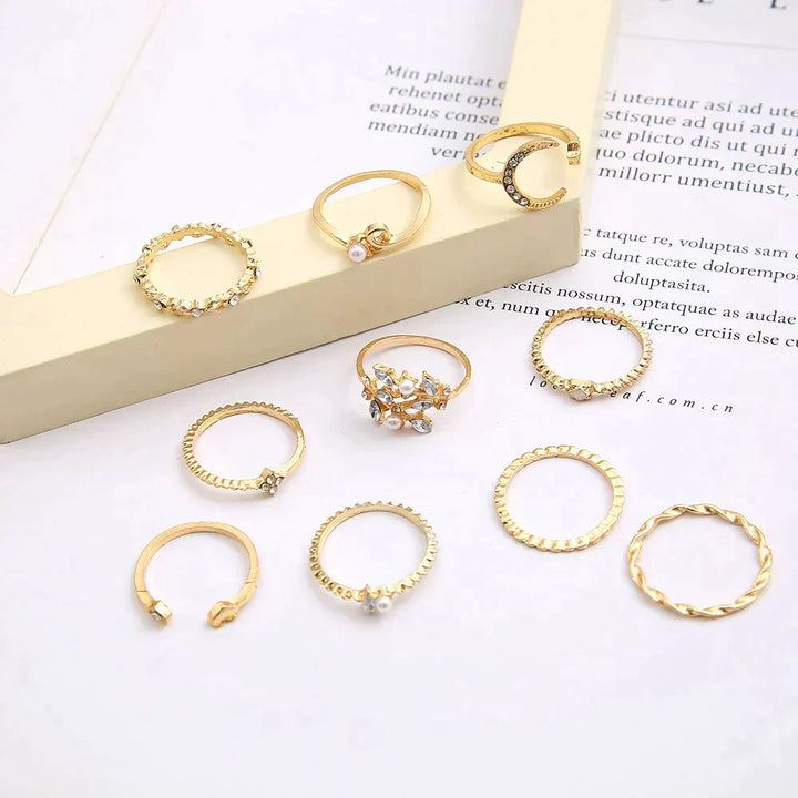 Boho™ | Conjunto de 10 Pares de Anéis em Prata e Ouro