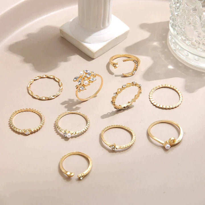 Boho™ | Conjunto de 10 Pares de Anéis em Prata e Ouro
