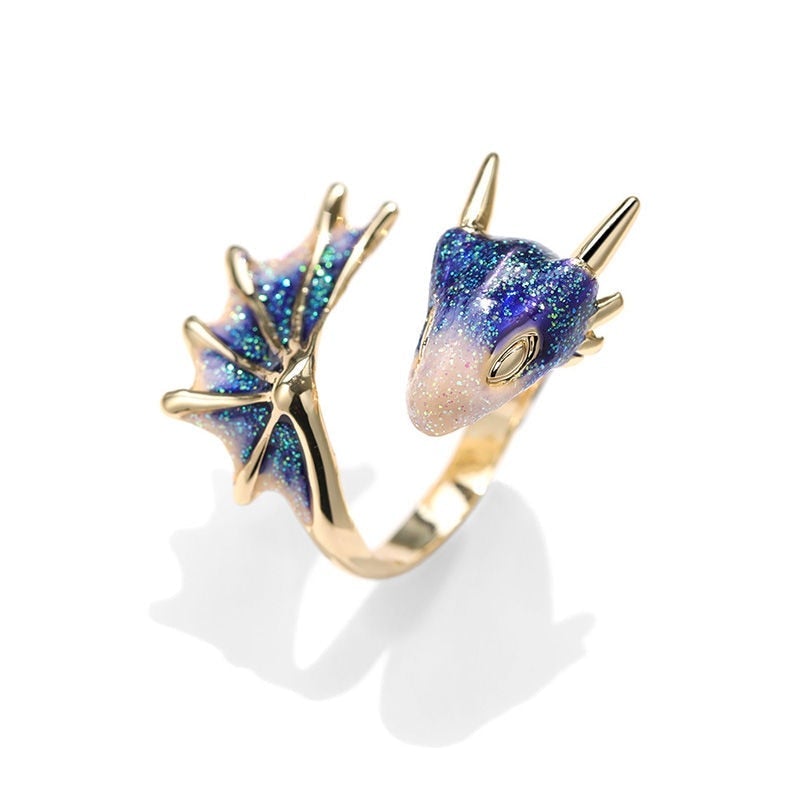 Anel Ajustável com Design de Dragão e Esmalte Pintado à Mão