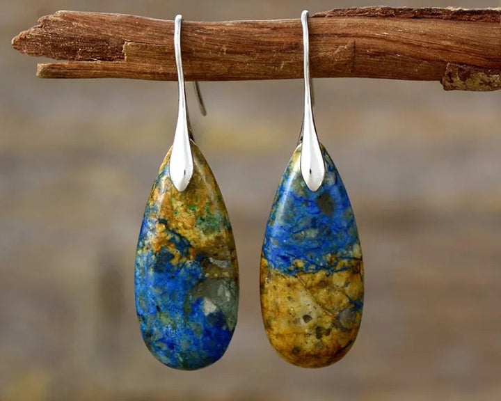 Brincos de Jaspe Marrom e Azul em Formato de Folha