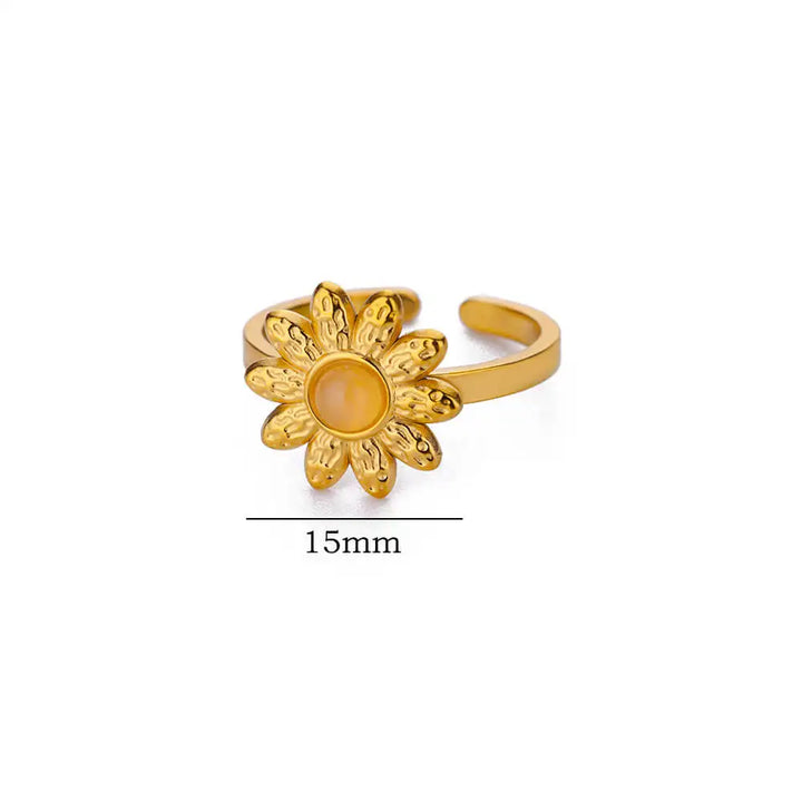 Anéis de Flores em Aço Inoxidável Dourado para Mulheres com Pedra Natural Branca - Anel Aberto Ajustável em Estilo Boêmio, Perfeito como Joia de Festa ou Presente