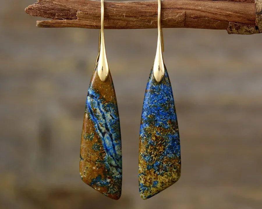Brincos de Jaspe Marrom e Azul em Formato de Folha