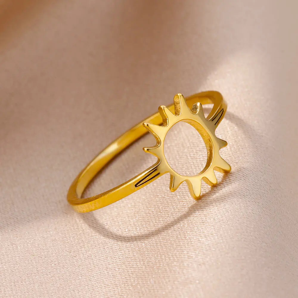 Anel Oco Sol Dourado Clássico - Joia de Dedo de Aço Inoxidável Versátil para Mulheres | Perfeito para Festas e Férias