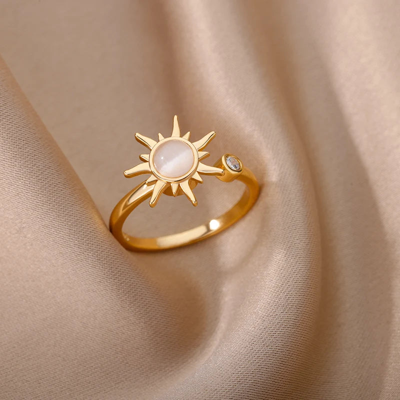 Anel Anti-Stress para Mulheres em Aço Inoxidável com Pingente de Sol - Joia Fidget para Presente de Aniversário - Frete Grátis