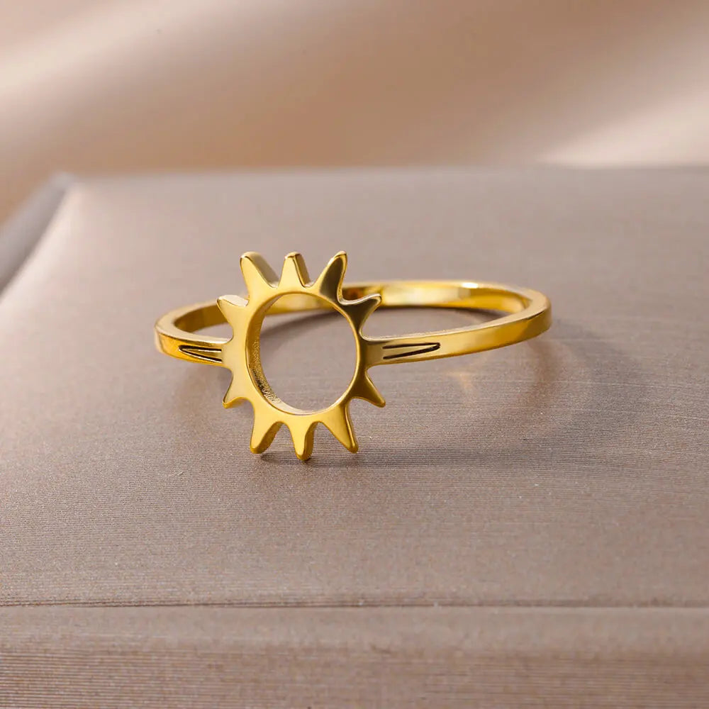 Anel Oco Sol Dourado Clássico - Joia de Dedo de Aço Inoxidável Versátil para Mulheres | Perfeito para Festas e Férias
