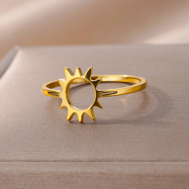 Anel Oco Sol Dourado Clássico - Joia de Dedo de Aço Inoxidável Versátil para Mulheres | Perfeito para Festas e Férias