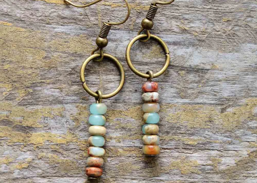 Brincos Étnicos de Jasper Natural com Estilo Vintage