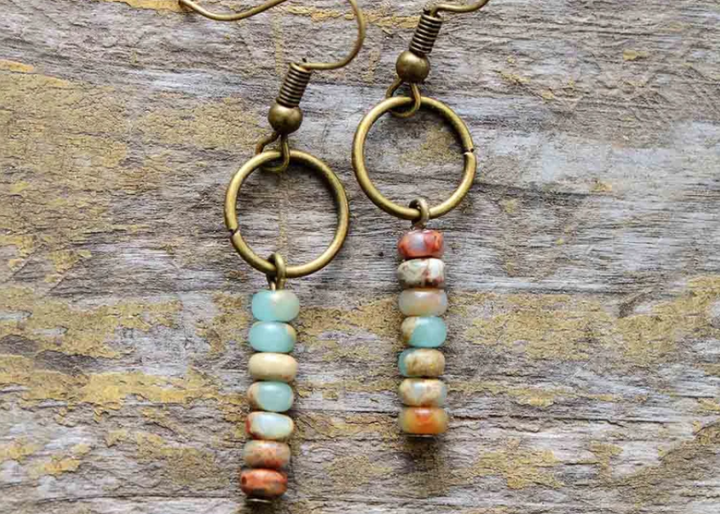 Brincos Étnicos de Jasper Natural com Estilo Vintage