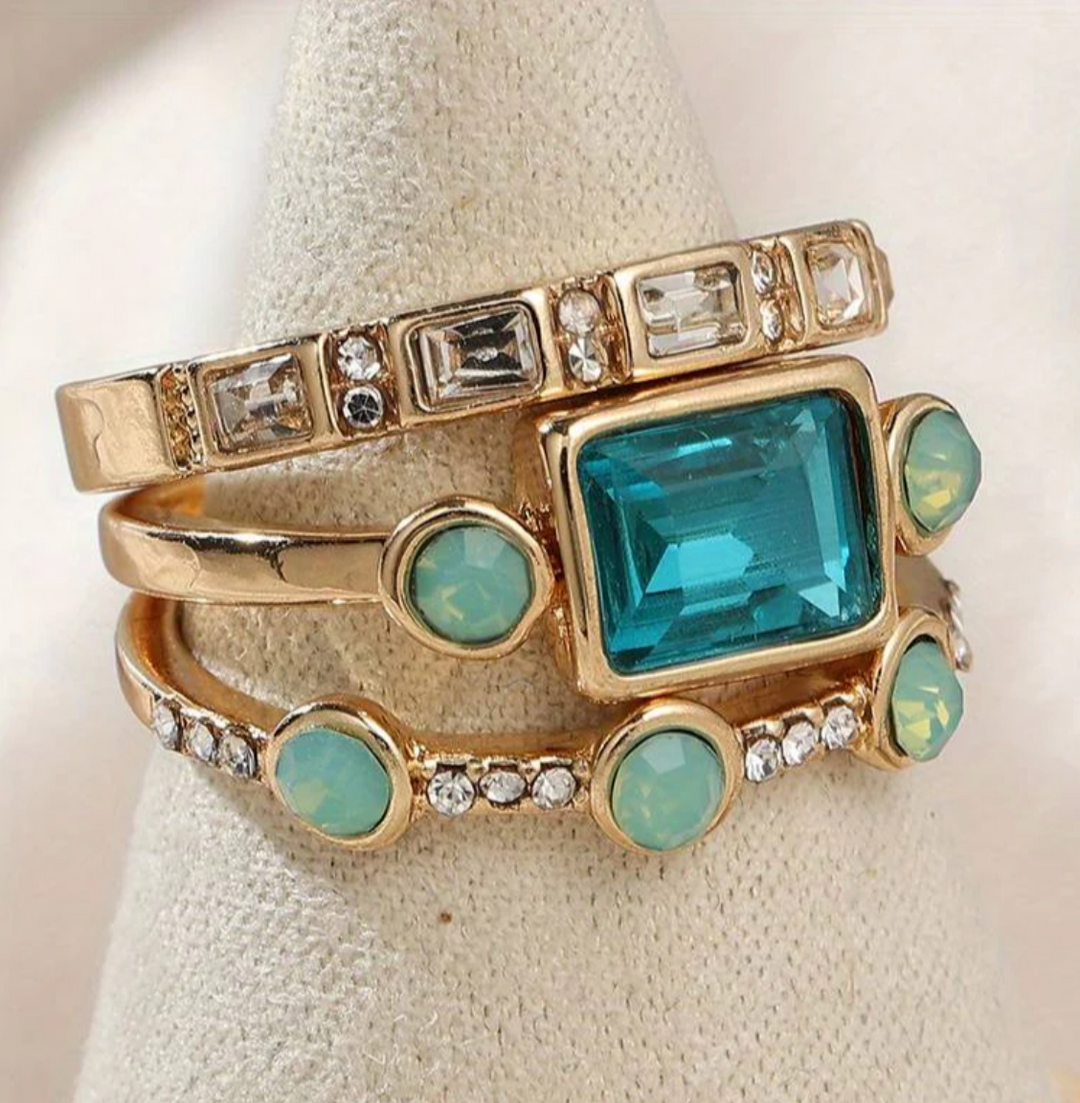 Ocean - Conjunto de Anéis de Cristal Vintage