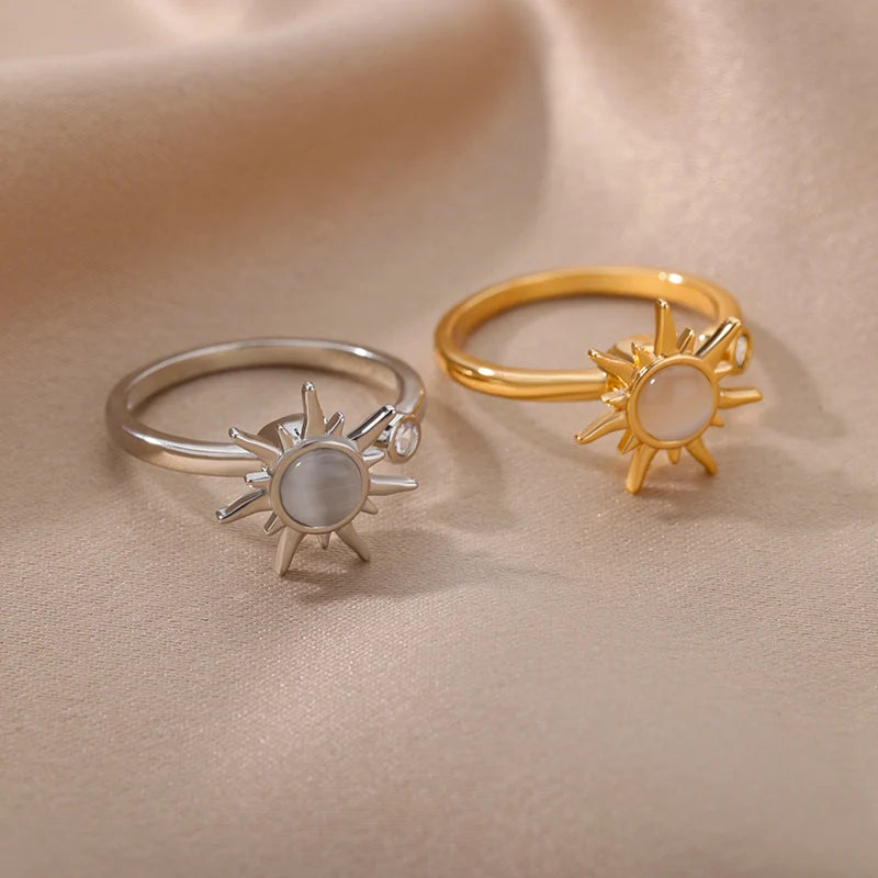 Anel Anti-Stress para Mulheres em Aço Inoxidável com Pingente de Sol - Joia Fidget para Presente de Aniversário - Frete Grátis