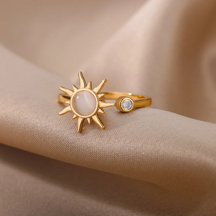 Anel Anti-Stress para Mulheres em Aço Inoxidável com Pingente de Sol - Joia Fidget para Presente de Aniversário - Frete Grátis