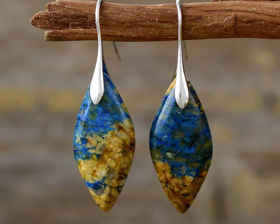 Brincos de Jaspe Marrom e Azul em Formato de Folha