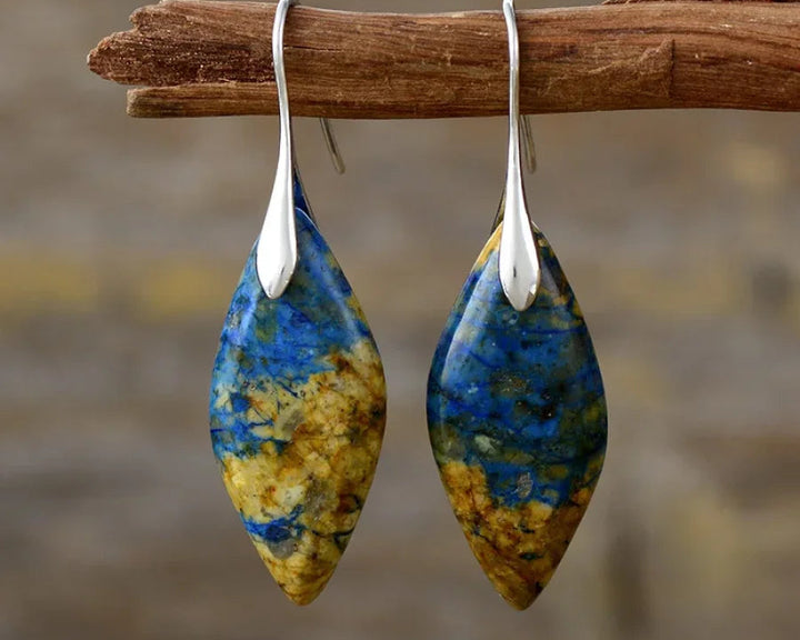 Brincos de Jaspe Marrom e Azul em Formato de Folha