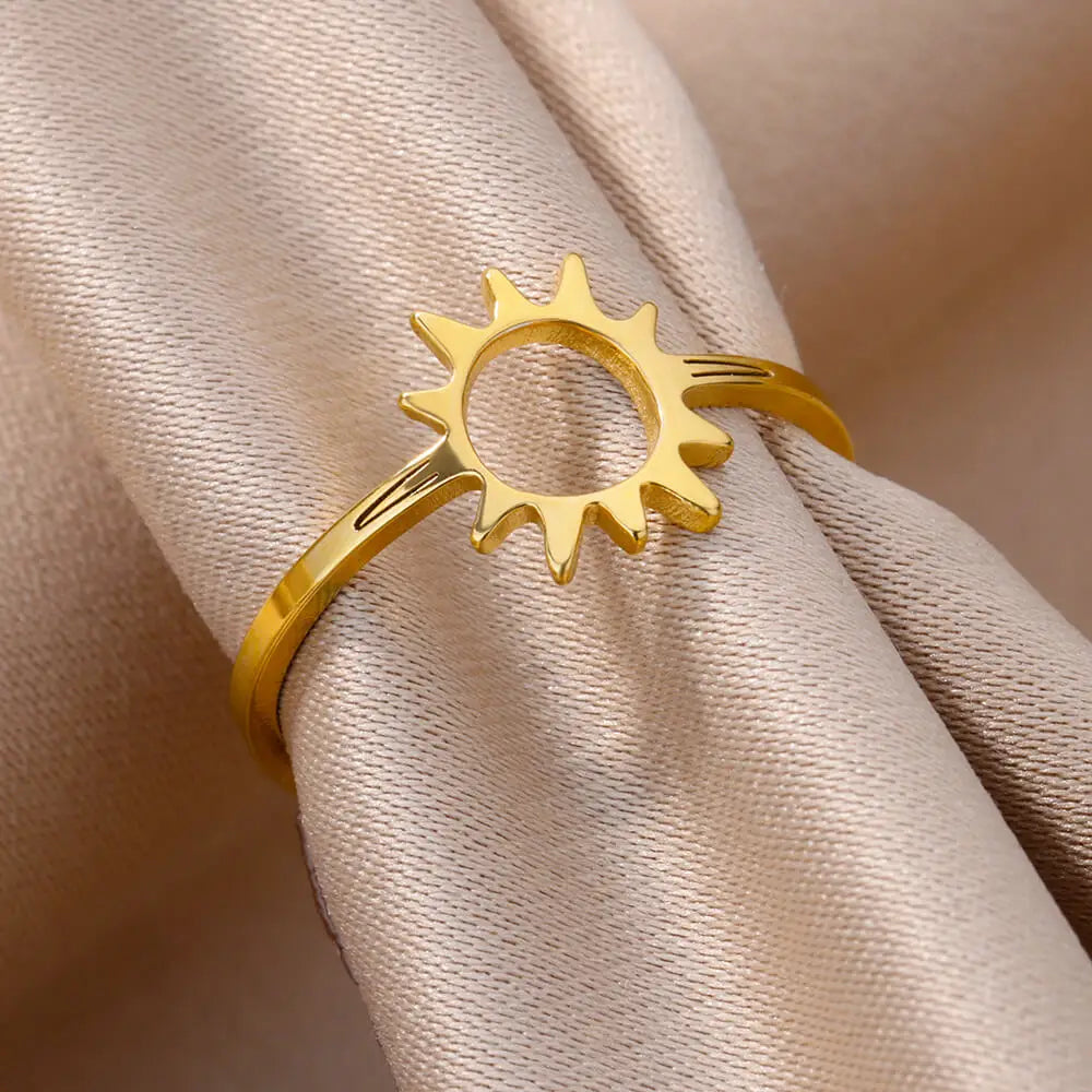 Anel Oco Sol Dourado Clássico - Joia de Dedo de Aço Inoxidável Versátil para Mulheres | Perfeito para Festas e Férias