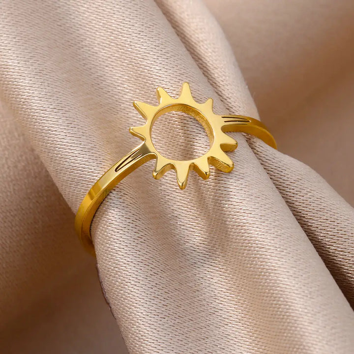Anel Oco Sol Dourado Clássico - Joia de Dedo de Aço Inoxidável Versátil para Mulheres | Perfeito para Festas e Férias