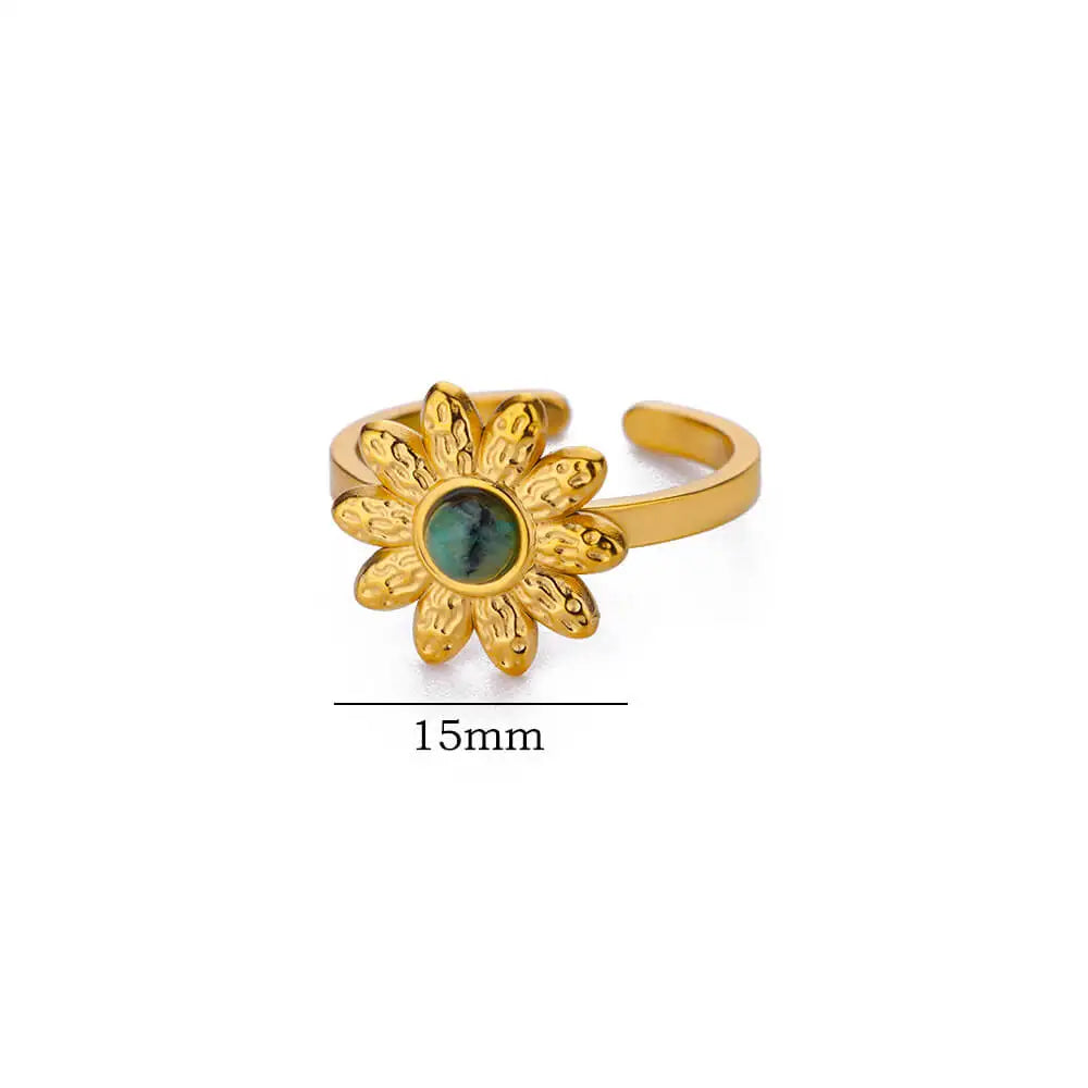 Anéis de Flores em Aço Inoxidável Dourado para Mulheres com Pedra Natural Branca - Anel Aberto Ajustável em Estilo Boêmio, Perfeito como Joia de Festa ou Presente