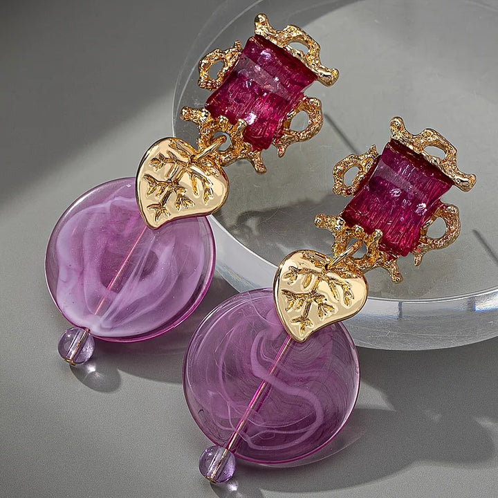 Golden Leaf With Geometric Resin Inlaid Dangle Earrings