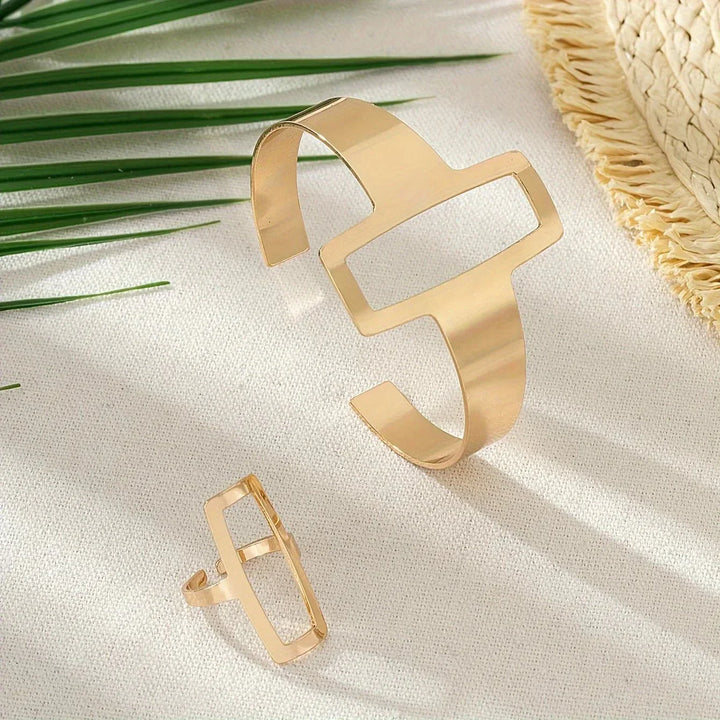 Conjunto de Pulseira e Anel Retangular Geométrico Ajustável