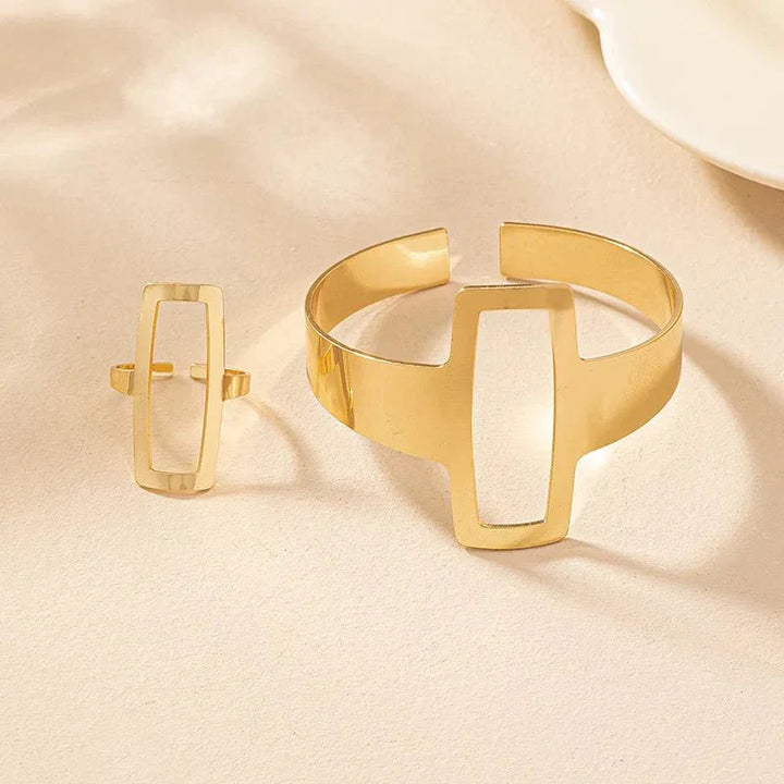 Conjunto de Pulseira e Anel Retangular Geométrico Ajustável