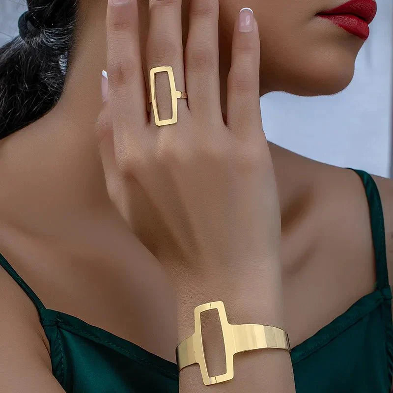 Conjunto de Pulseira e Anel Retangular Geométrico Ajustável