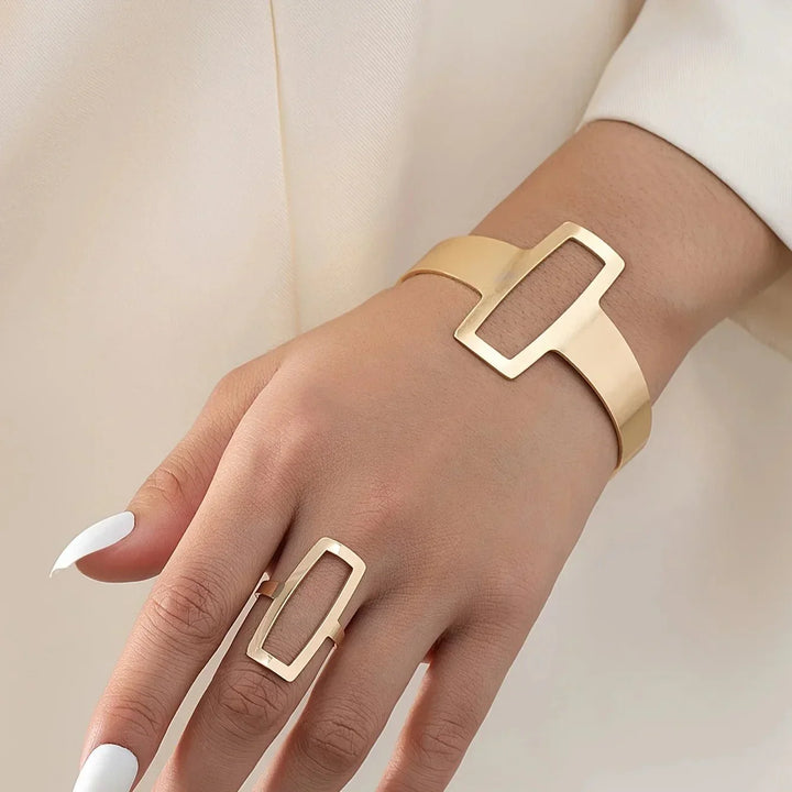 Conjunto de Pulseira e Anel Retangular Geométrico Ajustável