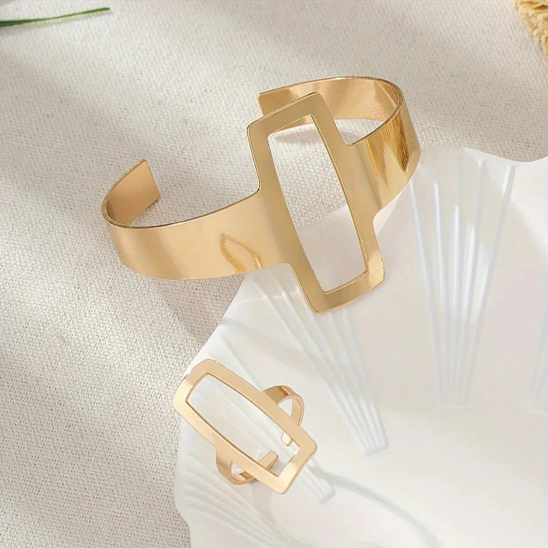 Conjunto de Pulseira e Anel Retangular Geométrico Ajustável